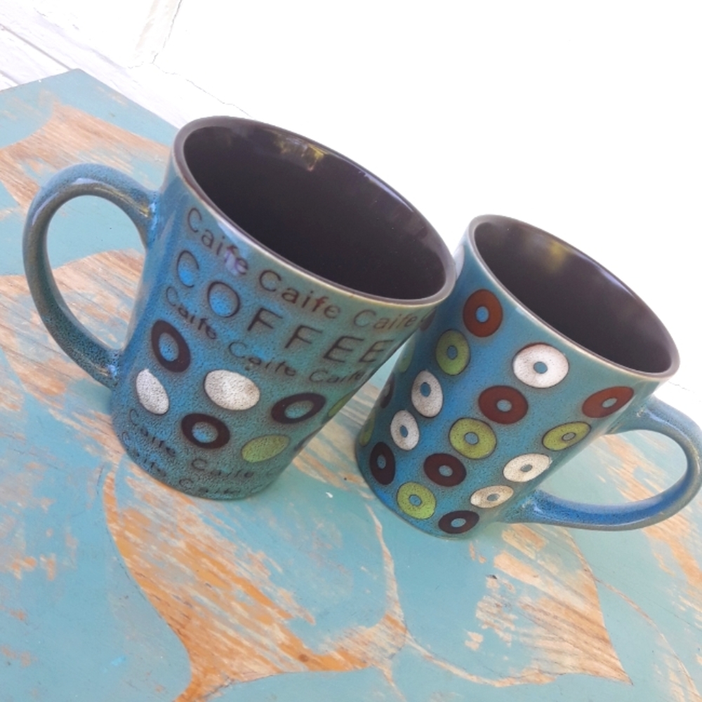 Vintage Mugs Coffee Cups Ceramic Teal Green Set of 2 Donuts Cheerios VTG - Picture 3 of 10